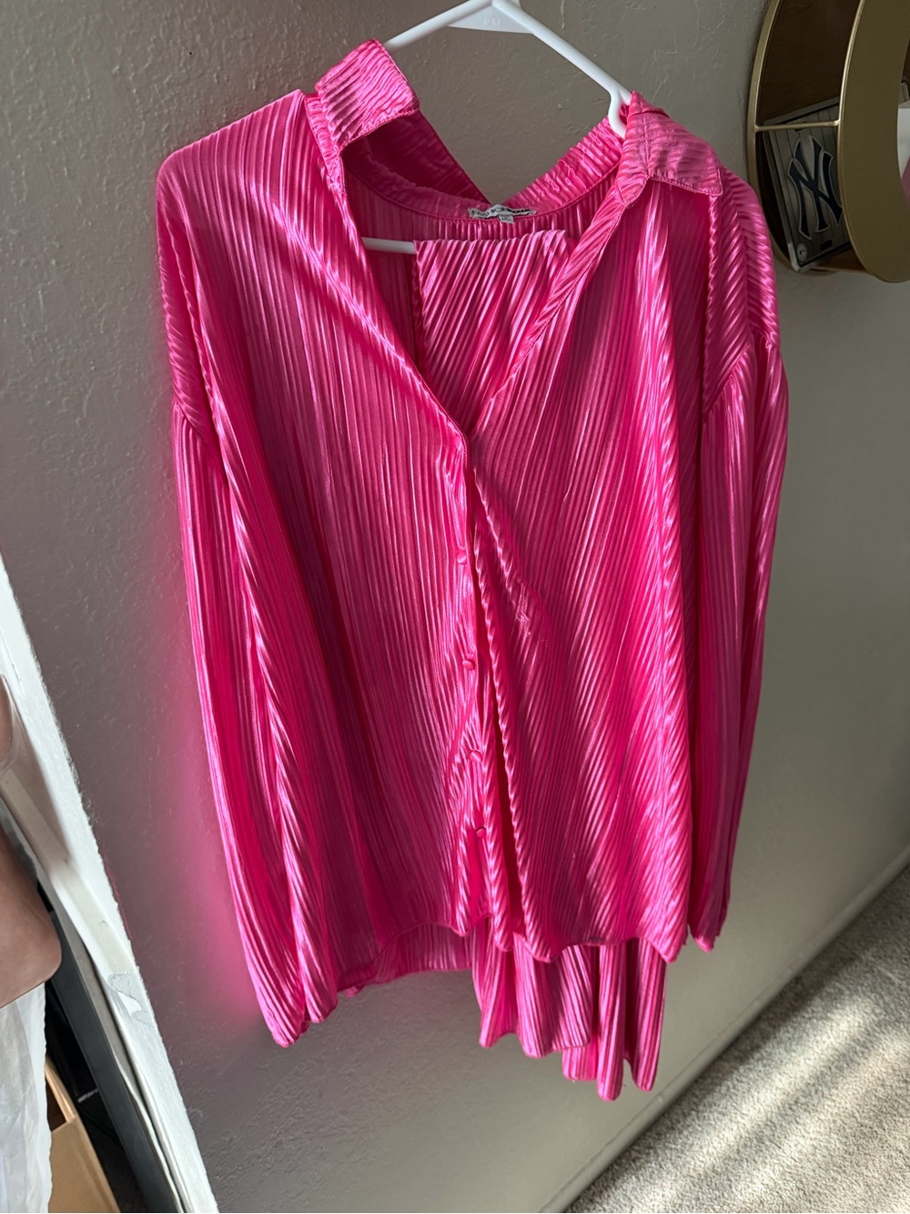 Bright Pink Pleated Long-Sleeve Women's Top